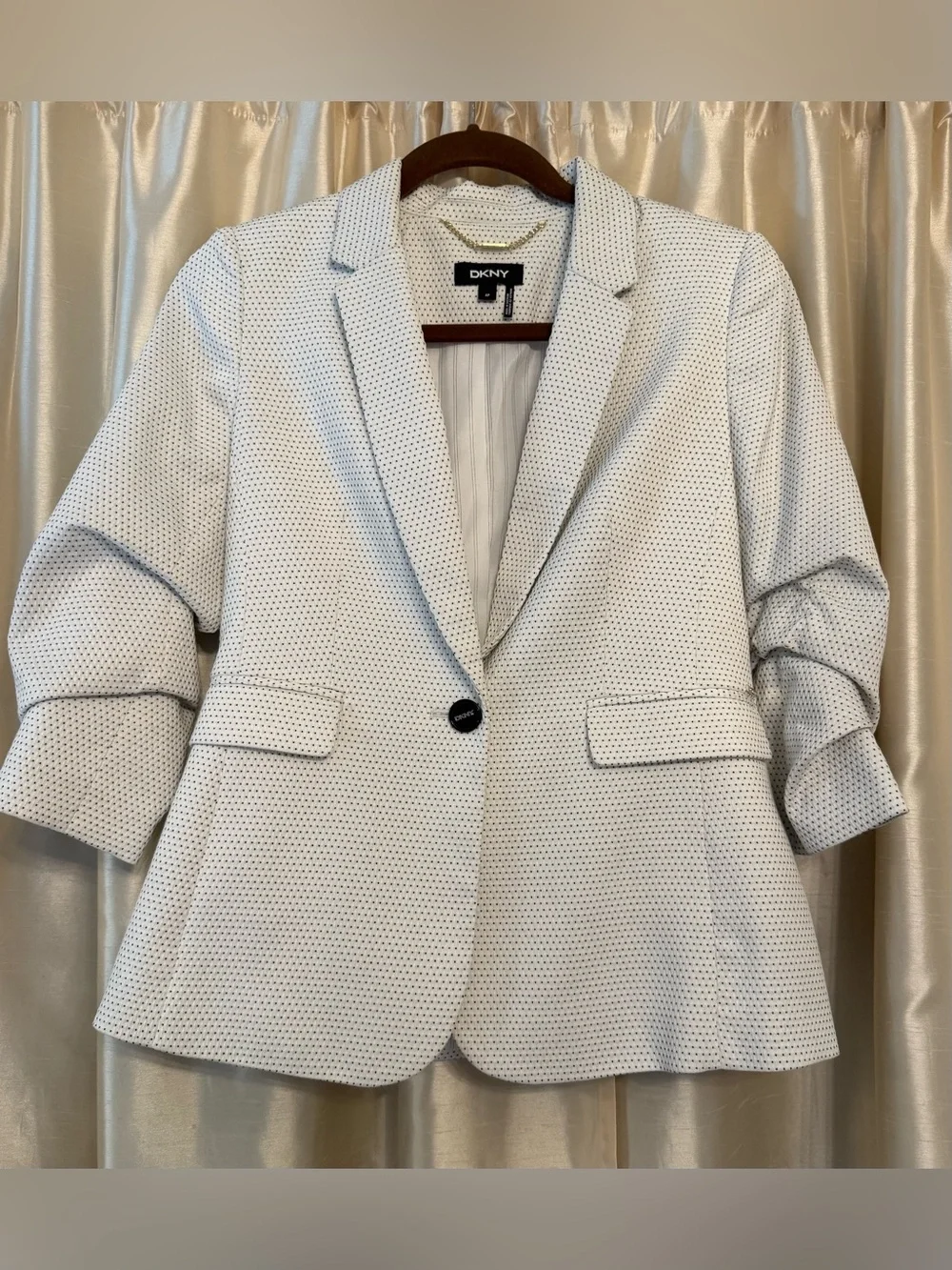 DKNY White & Black Geometric Dot Blazer Ruched 3/4 Sleeve Size 4 Petite